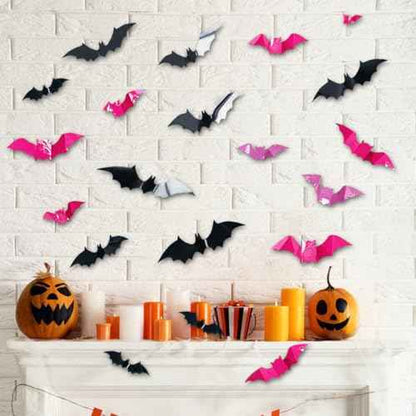 48 Pcs 3D Bats Wall Decals - Removable Rose Pink & Black Designs DIY Halloween Decorations for Party Indoor Home Kitchen Bedroom