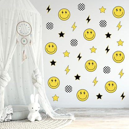 Whaline 12 Sheets One Happy Dude Wall Stickers Black Yellow Smile Face Lightning Star Checkered Dot Wall Decals Preppy Room Mural Stickers for Party Home, 7.9 x 11.8 Inch