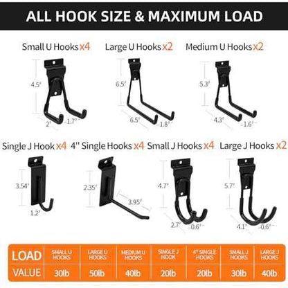 Slatwall Accessories 22 PCS Heavy Duty Garage Hooks Slatwall Panel Hooks Slat Wall Hanging Hook for Bike Ladder Garage Storage System Accessory Multi Size Utility