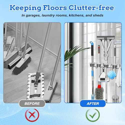 2 Pack Heavy Duty Wall Mount Broom Holder ? Stainless Steel with 5 Racks & 4 Hooks Broom Organizer? Self-Adhesive or Screw Mount Mop Holder for Garage, Laundry, Kitchen ? Silver