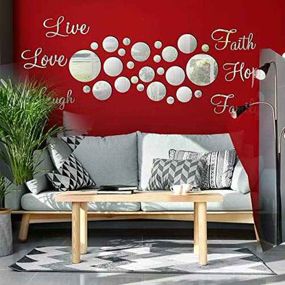 Zonon 3D Acrylic Mirror Wall Decor Stickers 6 Word DIY Faith Live Laugh Hope Love Family Mirror Wall Decor 26 Solid Circle Stickers for Home Bedroom Office(Silver)