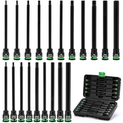 3/8" Drive Long Impact Hex Bit Socket Set, Allen Bit Sockets, 20PCS Allen Wrench Socket, SAE (1/8"-7/16¡±) and Metric (3MM-12MM), 6" Long CR-V & S2 Alloy Steel Hex Key Set