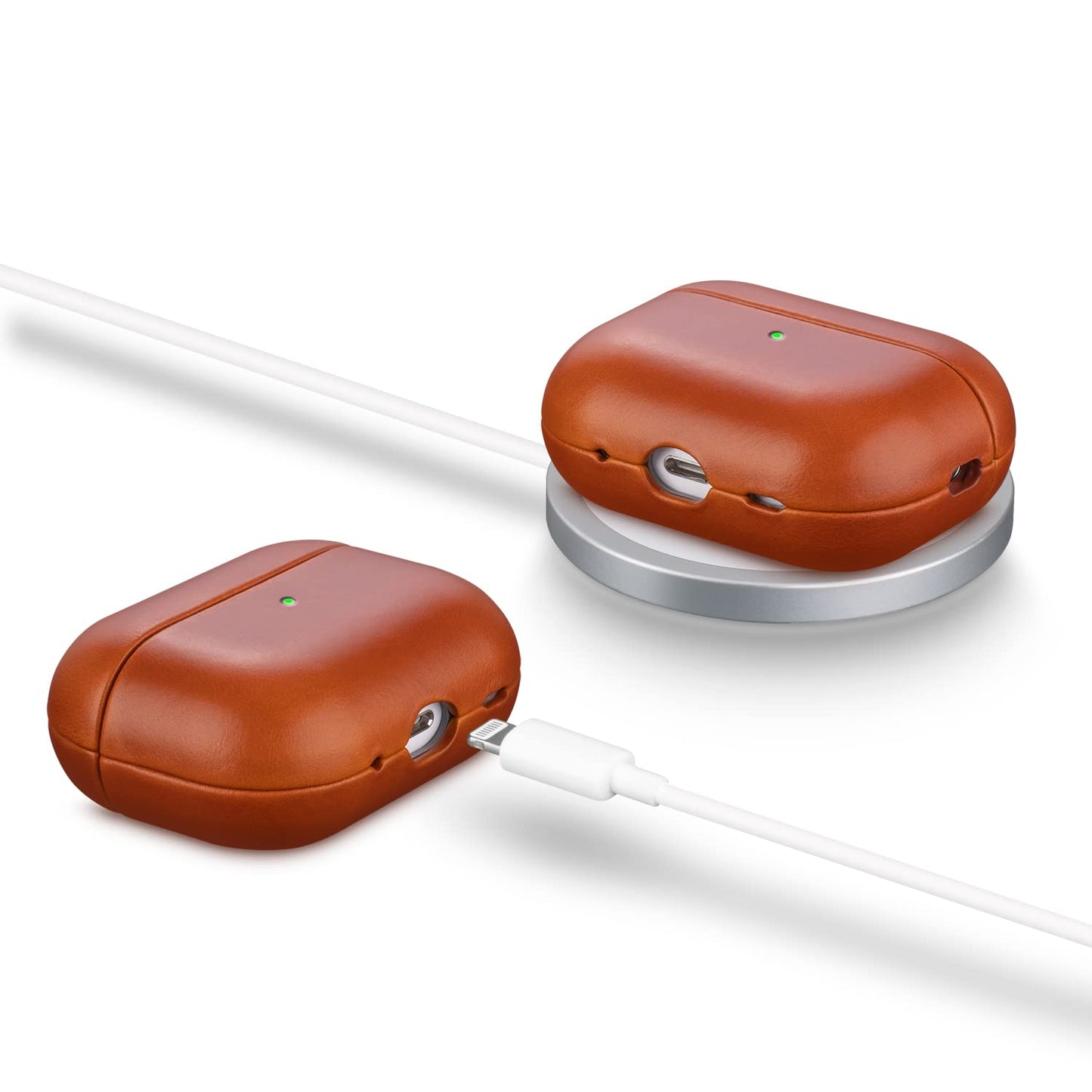 Maogoam for AirPods Pro 2 Leather Case Cover with Button, Genuine Crystal Vegetable Tanned Oil Wax Leather Case for AirPods Pro 2nd Generation, Elegant Style, Front LED Visible, Orange