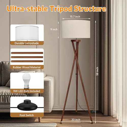 Wood Tripod Floor Lamp, Modern Design Light, Flaxen Lamp Shade with 3 Color Temperatures LED Bulb, Mid Century Standing Lamp for Living Room, Bedroom, Study Room and Office, Brown