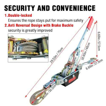 Come Along Winch - 11000 lbs/5T Pulling Capacity,12ft Steel Cable,3 Hooks,Dual Gear Power Puller,Automotive Hoist Cable Puller for Vehicle Rescue,Construction,and Farm
