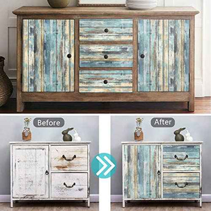 Wood Contact Paper 15.7"x118" Self-Adhesive and Removable Wood Wallpaper Peel and Stick, Blue Distressed Wood Grain Contact Paper for Cabinets Waterproof Stick on Wall Paper
