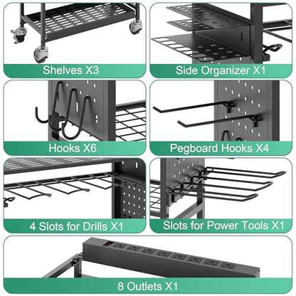 Power Tool Organizer Cart with Charging Station, Garage Rolling Storage with Drill Holder, Utility Rack for Cordless Tools, Battery & Screwdriver Shelf on Wheels, Tool Chest,Gifts for Dad Husband