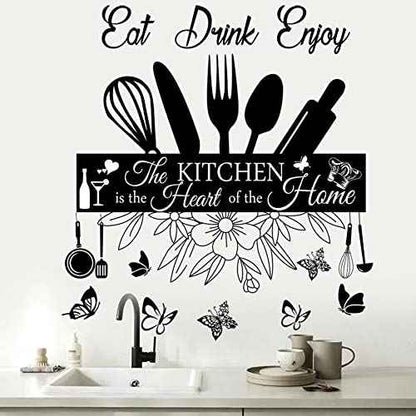 Wall Stickers - The Kitchen Is the Heart of Home Sign Decor, Eat Drink Enjoy Quotes, Removable DIY Vinyl Art for Living Room, Dining Room