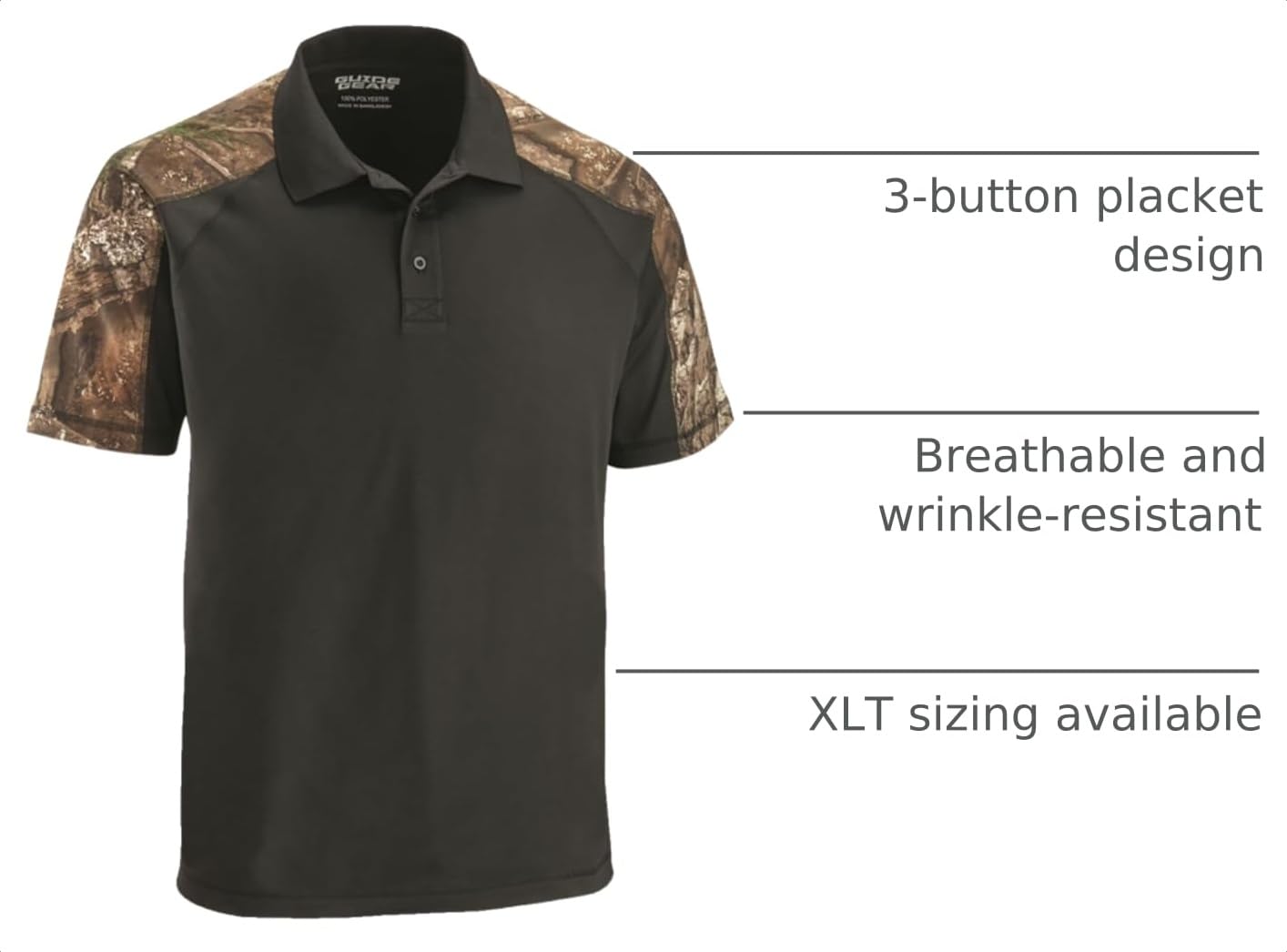 Guide Gear Men's Camo Detail Polo Shirt; Outdoors Clothing for Hunting, Fishing, Hiking or Working Black/RT APX XL