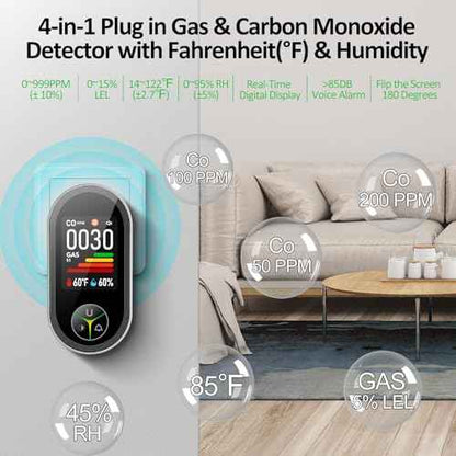 4-in-1 Carbon Monoxide Detectors & Natural Gas Leak Detector Plug in, Combination CO Detector & Combustible Gas, LPG, Methane, Propane Alarm with Fahrenheit(¡ÆF) & Humidity(1 Pack)