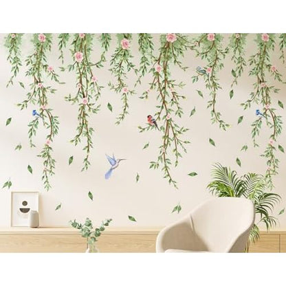 Hanging Vine Wall Decals Removable Birds Green Leaf Wall Stickers Peel and Stick Plants Home Art Decor for Kids Girls Teens Nursery Bedroom Living Room Sofa TV Background Wall