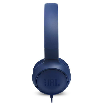 JBL Tune 500 - Wired on-ear headphones, JBL Pure Bass Sound, 1-button remote/mic, Tangle-free flat cable, Lightweight and foldable design, Ask Siri or Google Now (Blue)