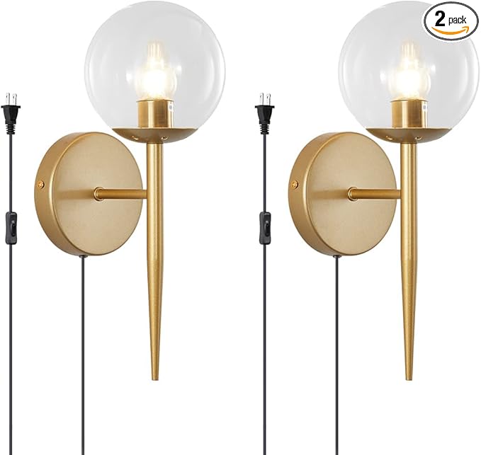 BOKT 1 Light Brushed Gold Wall Sconce Light Set of Two Plug in Cord Mid Century Modern Globe Wall Sconce Set of 2 Plug in Clear Bubble Glass Bathroom Vanity Wall Lamp Plug in (Clear)