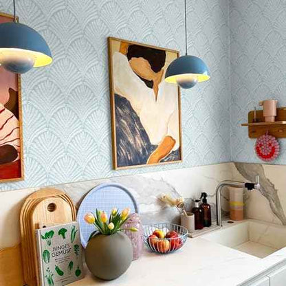 Ismoon Modern Peel and Stick Wallpaper Removable Geometric Wallpaper Boho Blue Contact Paper Leaf Self-Adhesive Decorative Wallpaper for Bedroom Bathroom Cabinets Decor Vinyl 16.1inx78.7in