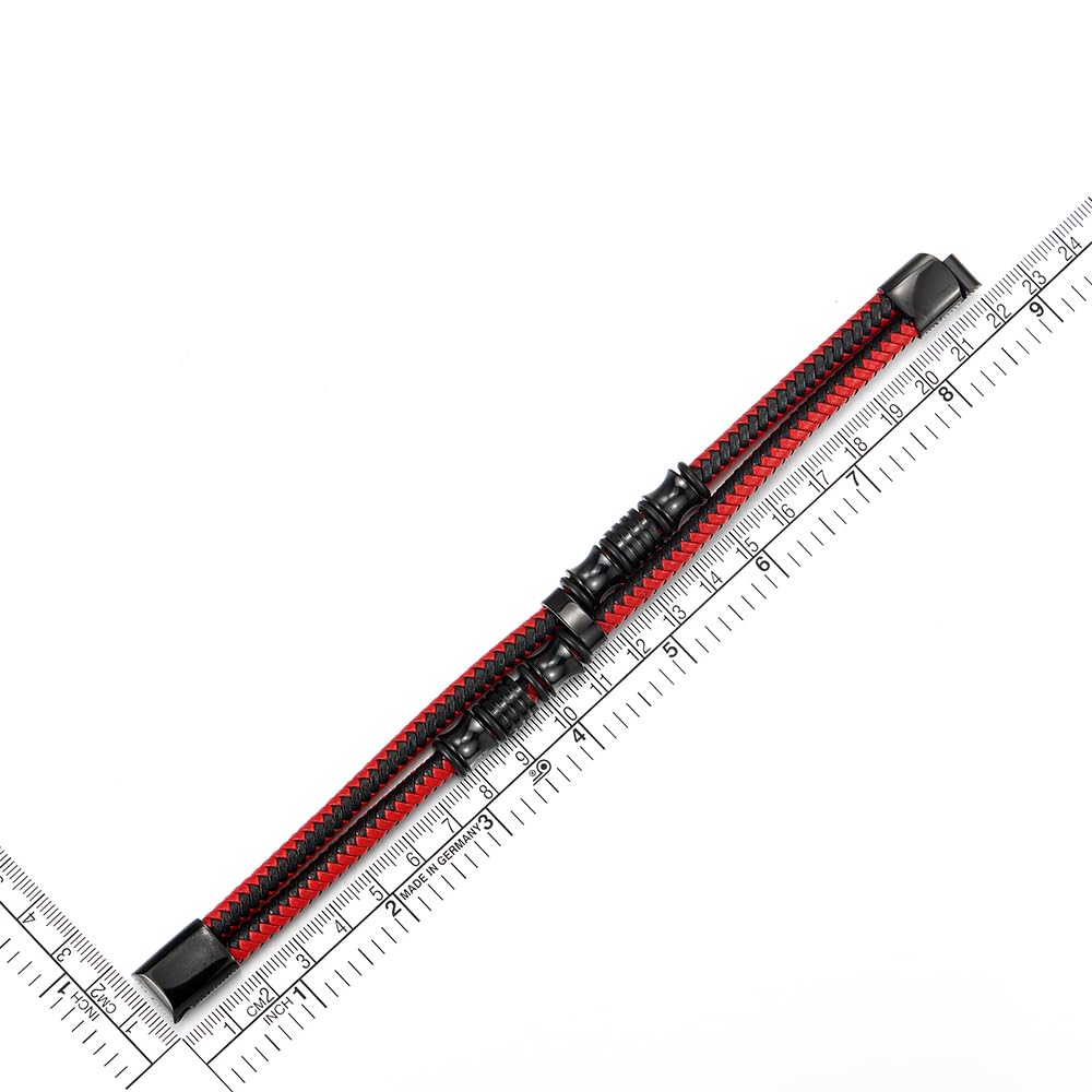 COOLSTEELANDBEYOND Mens Double-Row Black Red Braided Leather Bracelet Bangle Wristband with Black Stainless Steel Ornaments