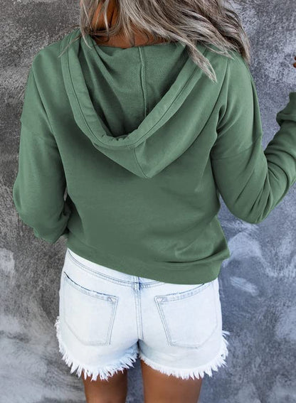 Dokotoo Hoodies for Women Early Fall Fashion Drawstring V Neck Long Sleeve Front Button Collar Hooded Pullover Hoodie with Pockets Winter Sweatshirt Loose Fit Casual Ladies Shirt Tops Green X-Large