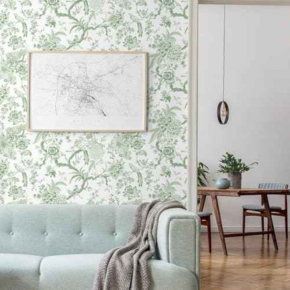 Chinoiserie Peel and Stick Wallpaper Removable Self Adhesive Wallpaper Floral Birds Contact Jacobean Vintage Contact Paper for Bedroom (Green,118.1" X 15.75")