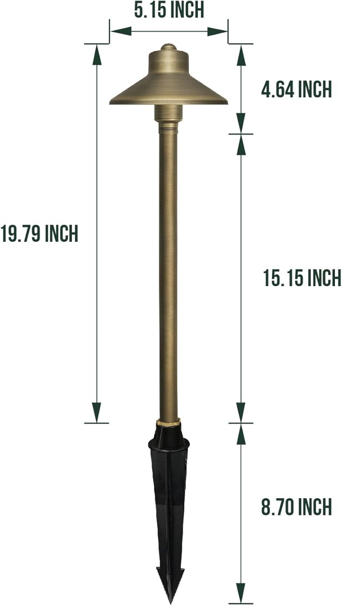 GKOLED Solid Brass Landscape Path Lights (5" Shade, 20" Tall), Low Voltage LED 3W 12-24V China Hat Path Lighting, Outdoor Waterproof Walkway Light, 2700K Warm White, with Stake and G4 Bulb, 2 Pack
