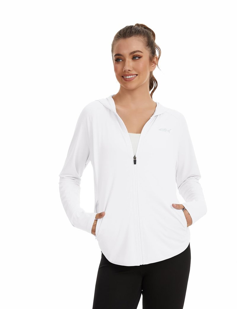 DEHORU Women UPF 50+ Sun Protection Hoodie Jacket Lightweight Zip Up Long Sleeve Shirts Hiking Outdoor with Pocket (WT M)
