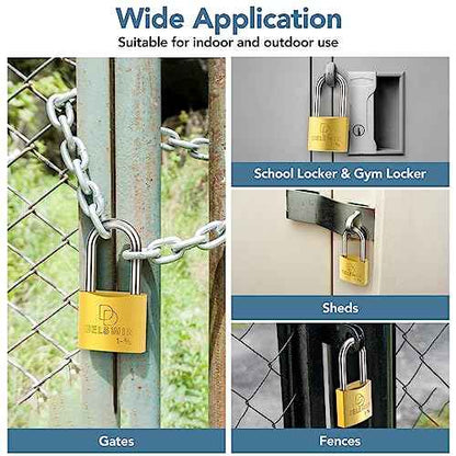 DELSWIN Weatherproof Padlock with Key (Keyed Alike) - Heavy Duty Solid Brass Locker Lock with 1-9/16" Long Shackle, Marine Grade Pad Lock for Outdoor Gate, Fence, Shed (4 Pack)
