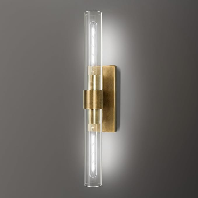 Brass and Glass Wall Sconces, 22.8" Vanity Lights for Bathroom 2 Lights, Horizontal or Vertical Linear Gold Wall Lamp, Indoor Sconces Wall Lighting, Tube Sconce for Living Room, Hallway