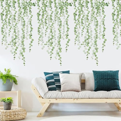 Hanging Vine Wall Decals, Green Leaves Design, 39.2x22 Inch, 2-Piece Set for Living Room and Bedroom