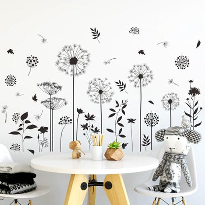 Black Flower Wall Decals Peel and Stick Simple Boho Flower Wall Sticker Wildflower Plants Dandelion Wall Decor Removable Vinyl Wall Mural for Girl Room Bedroom Living Room Home FX-C413