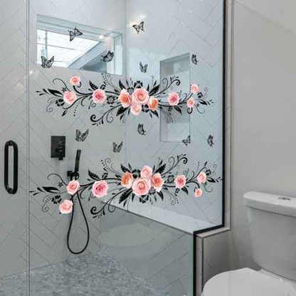 Runtoo Flower Vine Window Cling Decals Rose Floral Anti-Collision Window Stickers Butterfly Glass Door Wall Decor for Bathroom Living Room Bedroom Nursery Office
