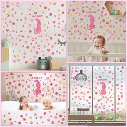 Kisston 9 Sheets Preppy Pink Wall Decal Hot Aesthetic Howdy Smile Face Lightning Vinyl Wall Decals Pink Cheetah Murals Decal for College Students Girls Dorm Bedroom Living Room Nursery Decoration