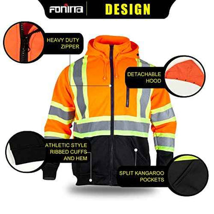 FONIRRA Hi Vis Safety Fleece Zip Hoodie for Men Reflective Sweatshirts ANSI Class 3 Jackets Detachable Hood (Orange,3XL)