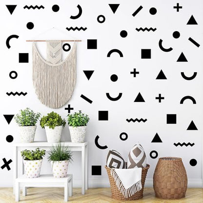 260 Pcs Self-Adhesive Abstract Geometric Shape (Triangle, Circle, Square) Wall Stickers - 10 Sheets Removable Vinyl Wall Decasl for Home, Office, Kids Room, Nursery, Playroom Decor (Black)