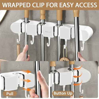 3Pcs Broom Mop Holder with Hooks Wall Mounted Broom Storage Rack No Drilling Self-Adhesive Mop Broom Organizer Mop Holder Hanger for Bathroom Office Kitchen Closet Garage,White (3)