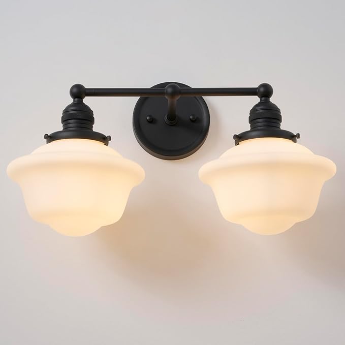 Vintage 2-Lights Wall Sconce Lights Black Bathroom Vanity Light with Milk Glass Double Sconce Wall Mounted Lamp for Bedroom Living Room Bathroom Mirror Kitchen Hallway Hardwire