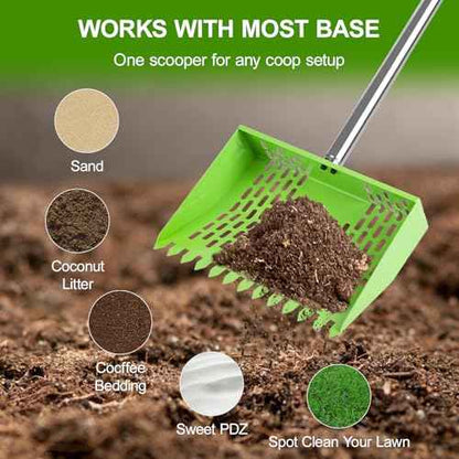 Chicken Poop Scooper & Rake 2-in-1,10" Wide Metal Sand Sifting Shovel with Grip,Adjustable Stainless Steel Handle,Cleaning Tools for Chicken Coops & Farm Animals Scoop (Green)