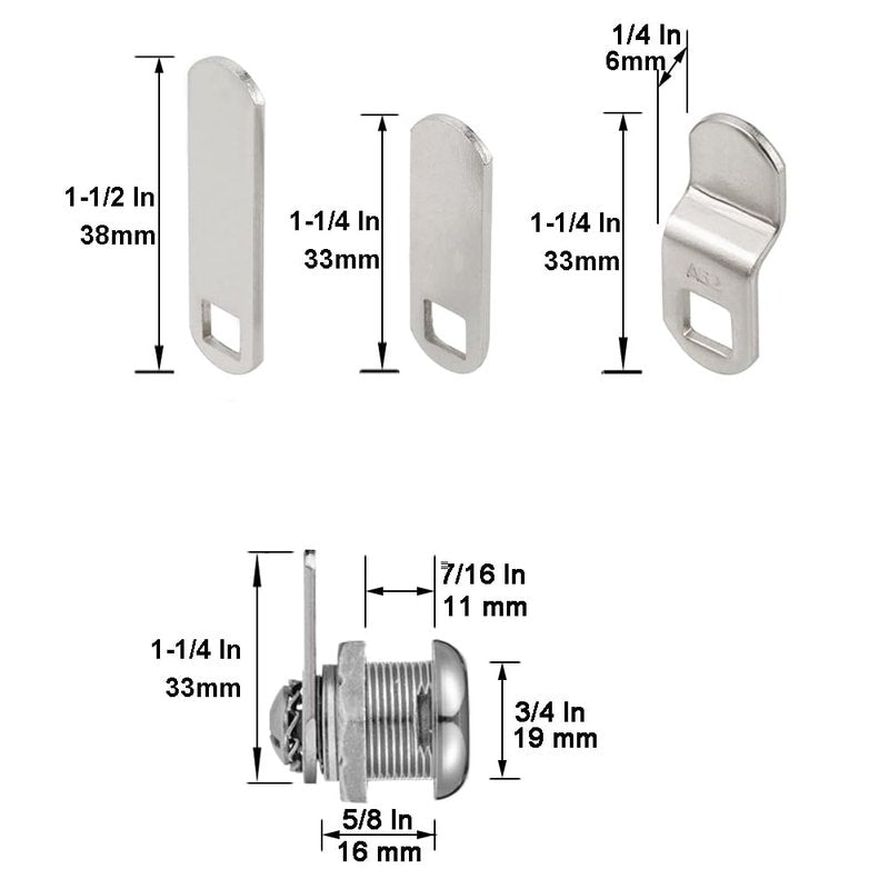 Cabinet Cam Locks Keyed Alike, 5/8” Cylinder Cam Locks for Tool Box RV Compartment Mailbox Vending Machine Drawer File Cabinet, Fits 3/8” Max Panel Thickness, Chrome Finish with 3 Cams and 2 Keys