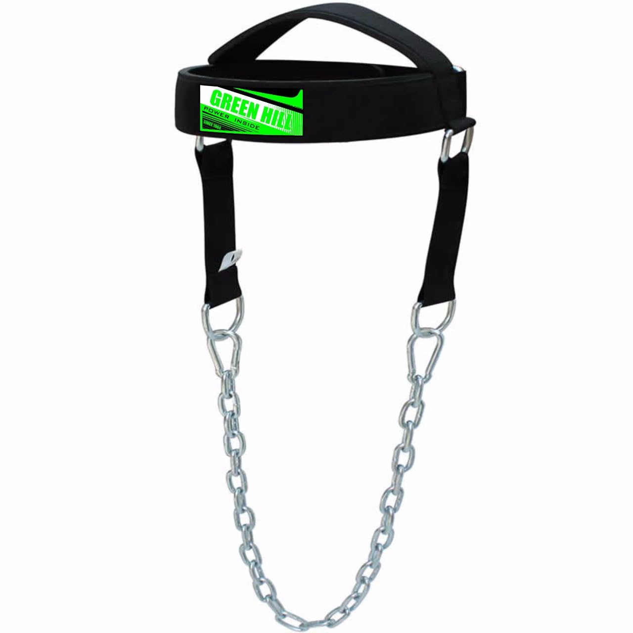 Green Hill Neck Harness for Weight Lifting – Heavy Duty Neck Trainer with Steel Chain & D-Rings, Adjustable Head Harness for Neck Strength Training, Wrestling, Boxing, MMA & Football Neck Workout Equipment