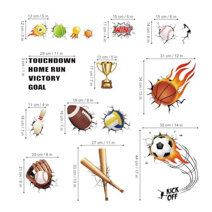 wondever Sport Balls Wall Decals 3D Break Through The Wall Peel and Stick Wall Art Stickers for Boys Playroom Bedroom Classroom