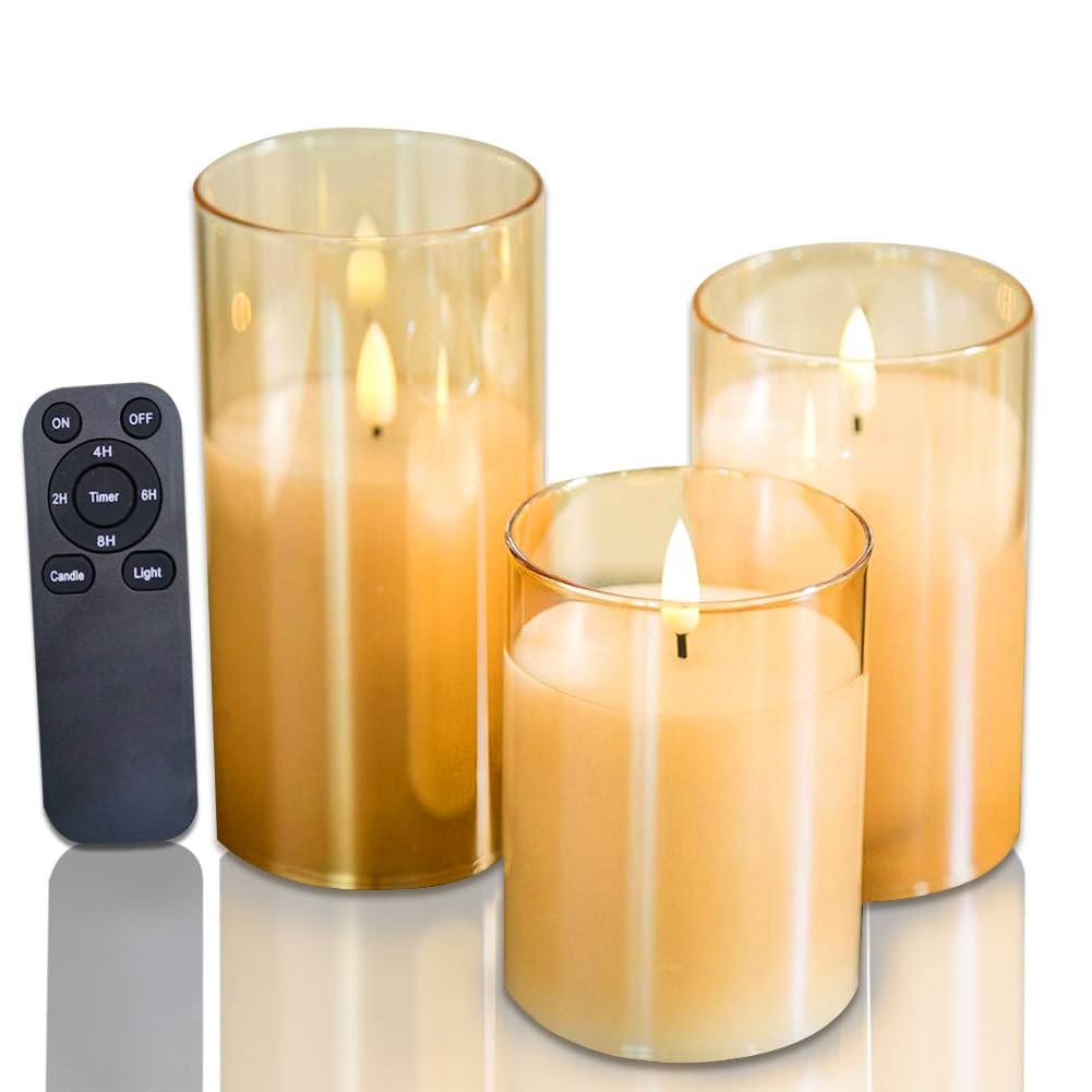 CANDLE CHOICE Real Wax Battery Operated Flameless Pillar Candles with Remote Timer Gold Glass Shell Realistic Black Wick Flickering Electric LED Lights Wedding Halloween Christmas Decorations 3 Pack