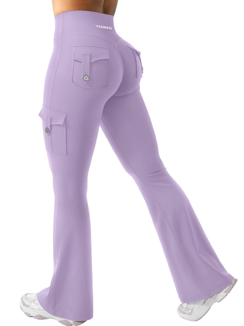 YEOREO CoreFlex Women Workout Flare Leggings with Pockets Hidden Scrunch High Waisted Cargo Gym Yoga Leggings Fog Purple M