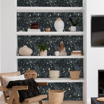 Black Peel and Stick Wallpaper Retro Star Wall Stickers Self Adhesive Wallpaper Yellow Starburst Contact Paper for Ceiling Decor Sparkle Art Mural Decals for Cabinets Bedroom Living Room,15.7" x 47.2"