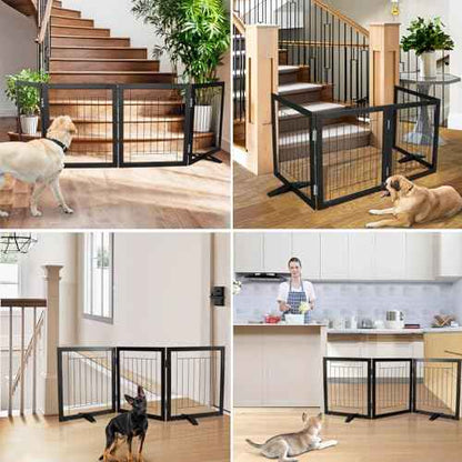 ZJSF Freestanding Dog Gate Indoor, Foldable Dog Fence for Doorways,Hallways or Stairs, Sturdy Wood Extra Wide Pet Gate with Support Feet,Black,24 "Height-3 Panels