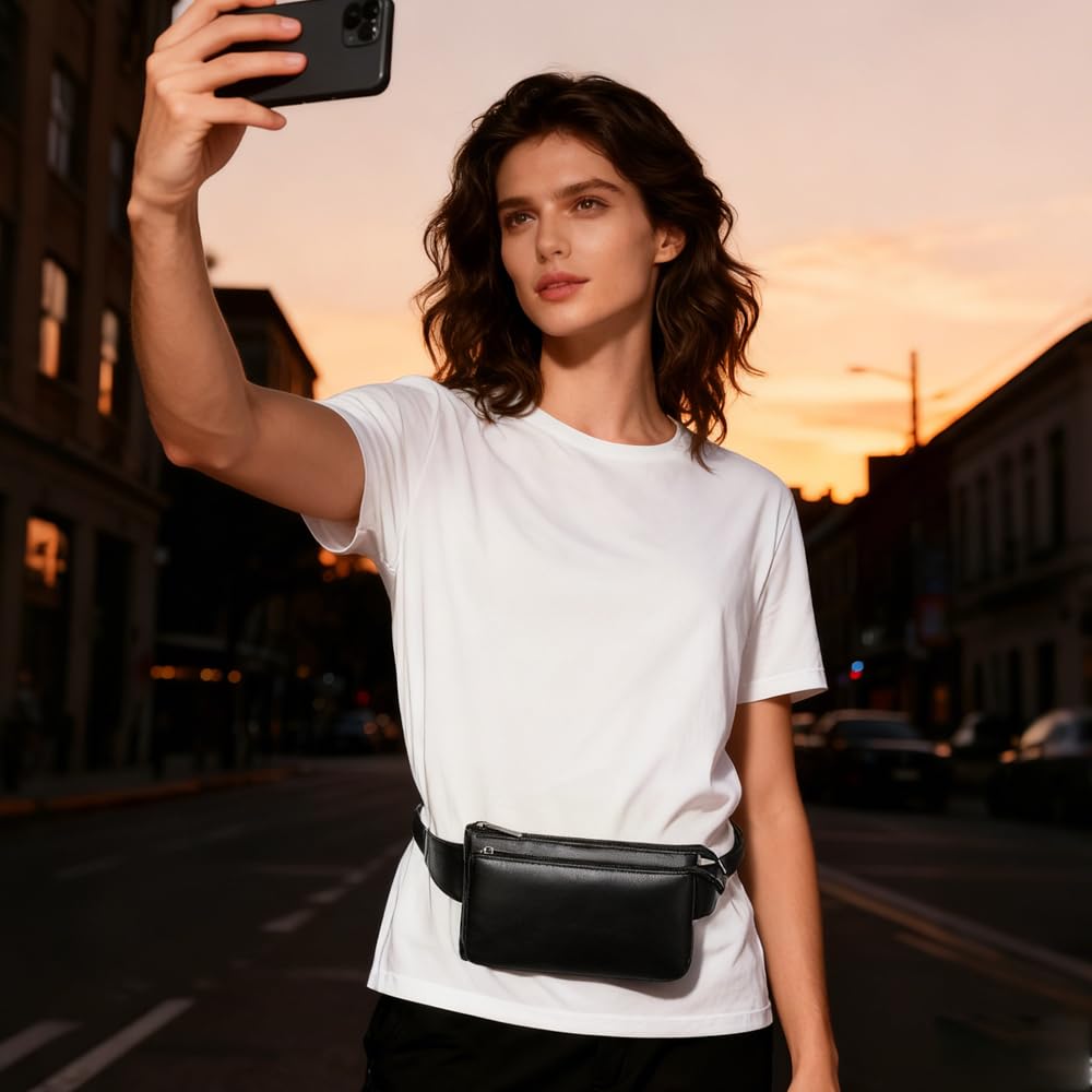 Niucunzh Small Leather Mens Fanny Packs for Women Lightweight Lambskin Leather Waist Bag Sport Men Crossbody Belt Purse Hip bags Hands-Free Bumbag Black