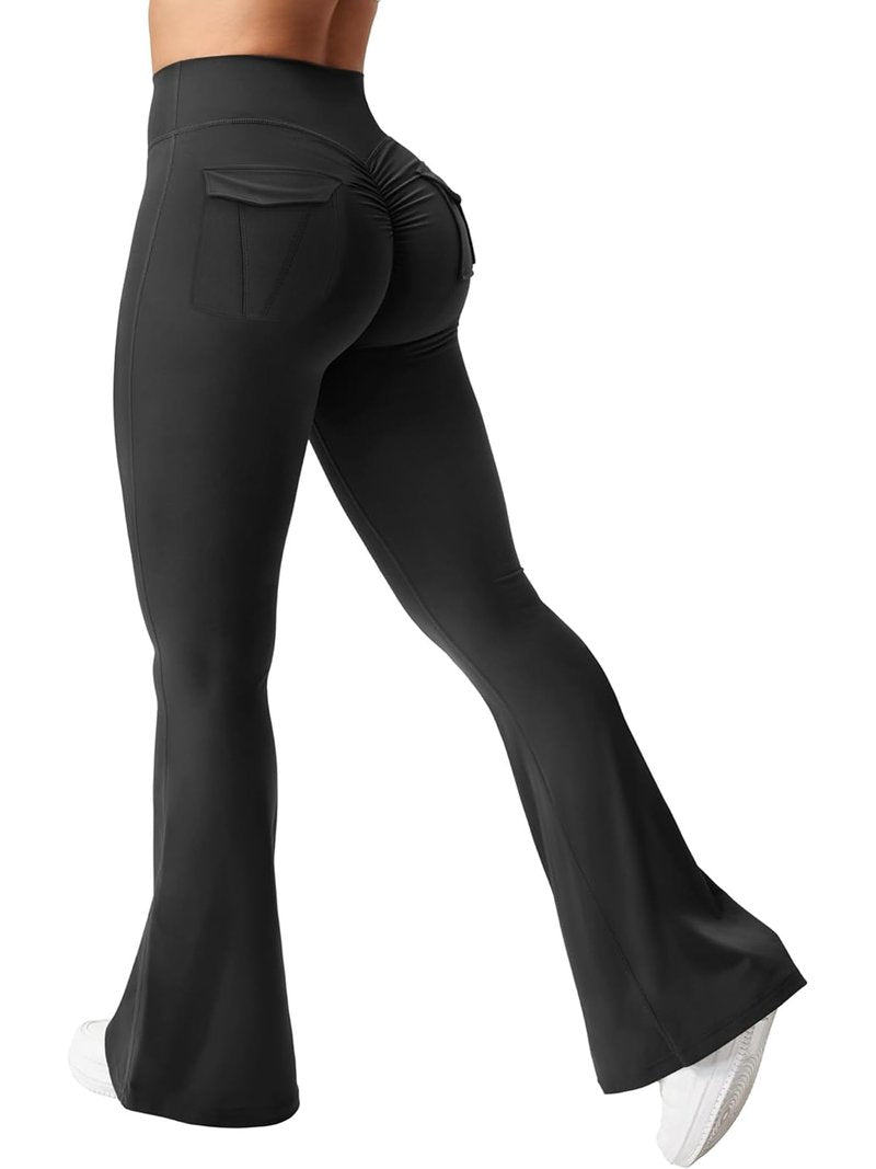 HiBwoBwo Women's Flare Leggings with Pockets High Waisted Scrunch Workout Leggings Butt Lifting Bootcut Yoga Pants Black