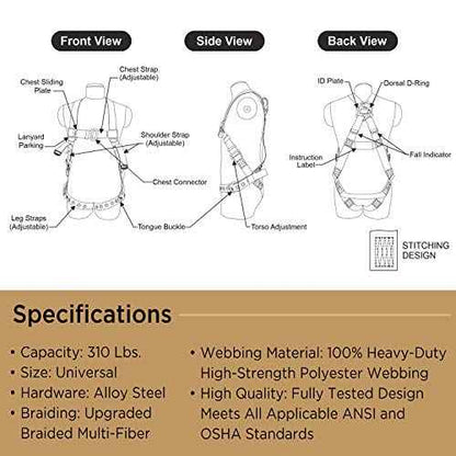 AFP Universal Full-Body Safety Harness w/Dorsal D-Ring Tongue Buckle Legs High-Viz Green, Shock Absorbing Lanyard (OSHA/ANSI)