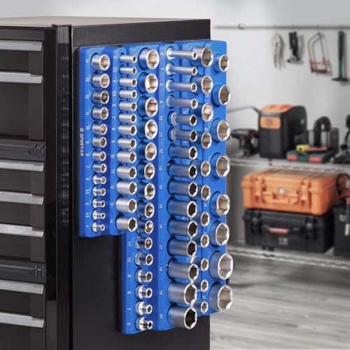 Spurtar Magnetic Socket Organizer 6Pcs, Metric and SAE Magnetic Socket Holder Includes 1/4", 3/8", 1/2" Drive Metric SAE Socket Organizer for Tool Box Drawer, Holds 143 Standard and Deep Size