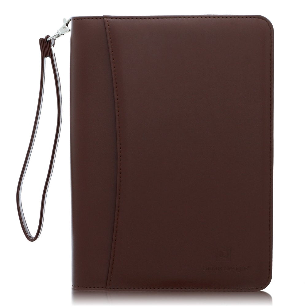 Zippered Portfolio Binder with Junior Legal 5x8 Notepad - Dark Brown PU Faux Leather Business Padfolio Organizer Folder with 8 Inch Tablet Sleeve & Gift Box by Lautus Designs