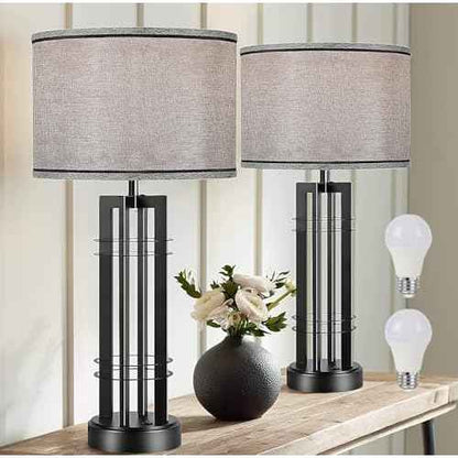27in Tall Table Lamps for Living Room Button Control Farmhouse Rustic Table Lamps Set of 2 SideTable Lamps Black&Grey Bedroom Lamps for Bedside Nightstand End Table 2025 New