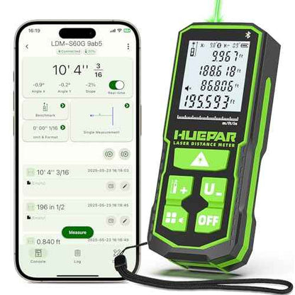 200ft Laser Measuing Tool with Bluetooth APP, Huepar Rechargeable Green Beam Laser Distance Meter ¡¾1/16" High Accuracy, Multiple Measurement Modes, IP54 Durable for Home & Construction