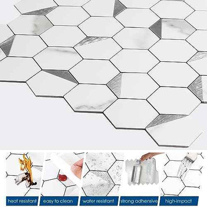 Hexagon Peel and Stick Backsplash Tile,12x12 inches Marble White Mixed Silver Metal 3D PVC Wall Tiles Stick on Backsplash for Kitchen and Bathroom Sample