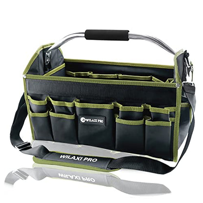 16in Foldable Open Top Tool Tote, Tool Bags For Men Heavy Duty, Tool Carrier tool bag hard With Handle, Wide Mouth Electrician Tool Tote, Many Pockets Can Hold Many